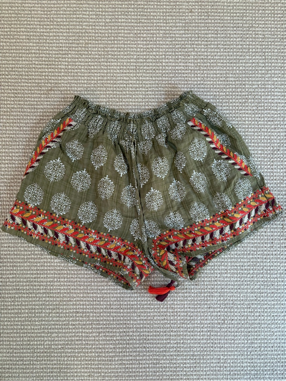 THML Olive Green Boho Shorts with Multicolor Embroidery Elastic waist drawstring